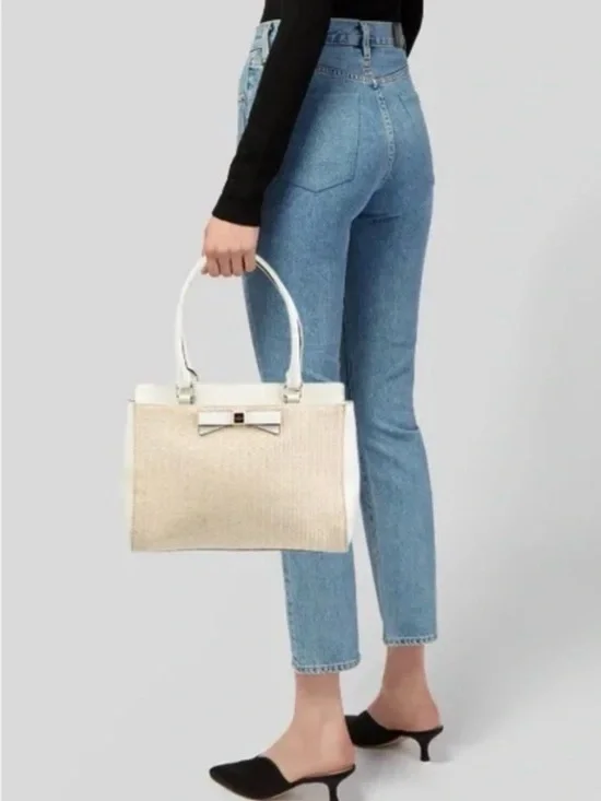 Kate Spade New York Ivory Beige Woven Bow Satchel Bag Gold Hardware - Picture 2 of 11